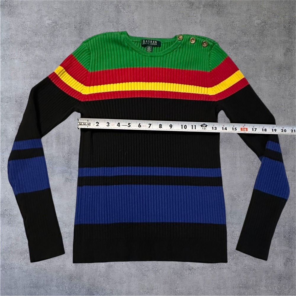 Ralph Lauren Sweater Womens M Multicolor Ribbed Knit Button Shoulder Striped - Picture 4 of 12